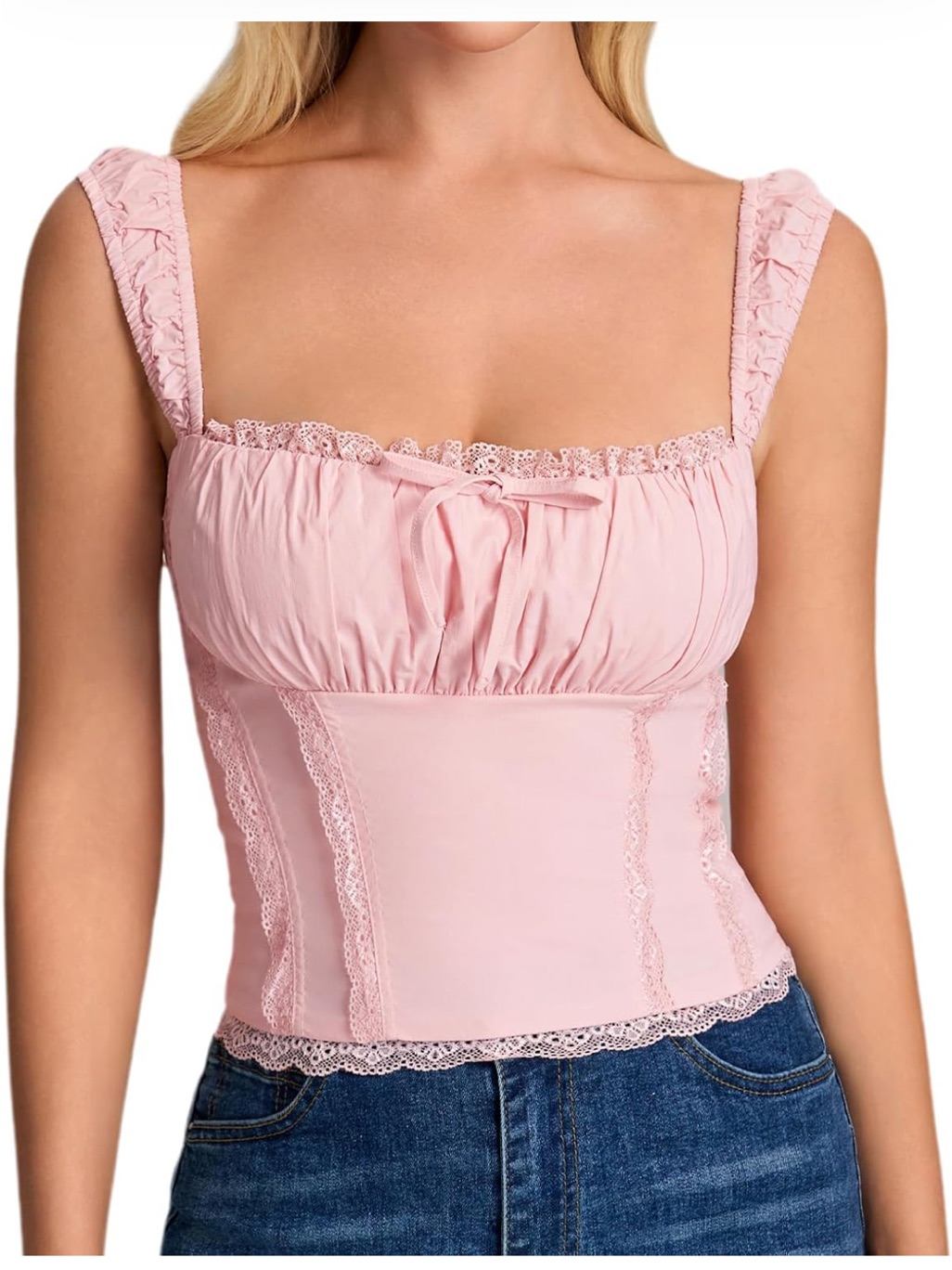 Pink Lace Trim Square Neck Women's Top